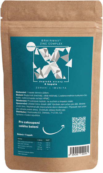 BrainMax Zinc Complex, Zinek, Selen, Měď a Kurkuma, 4 rostlinné kapsle, VZOREK