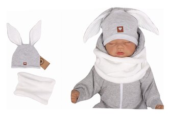 Z&Z Kojenecká bavlněná čepička Zajíček s nákrčníkem, šedá/bílá; 56/62 (0-3m)