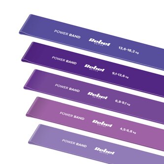 Latexová sada cvičebních pásů - Mini Band L, 2,3-18,2 kg, 5 pásů, fialová, REBEL ACTIVE Latexová sada cvičebních pásů - Mini Band L, 2,3-18,2 kg, 5 pásů, fialová, REBEL ACTIVE