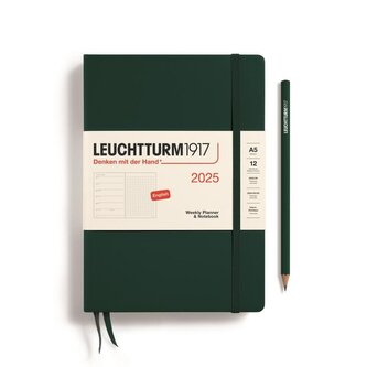 Leuchtturm1917 Weekly Planner & Notebook Medium (A5) 2025 Forest Green - tečkovaný