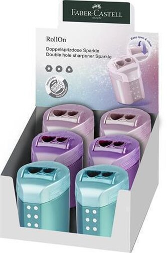 Ořezávátko "RollOn Sparkle", displej/6 ks, metalické barvy, 2 otvory, se zásobníkem, FABER-CASTELL
