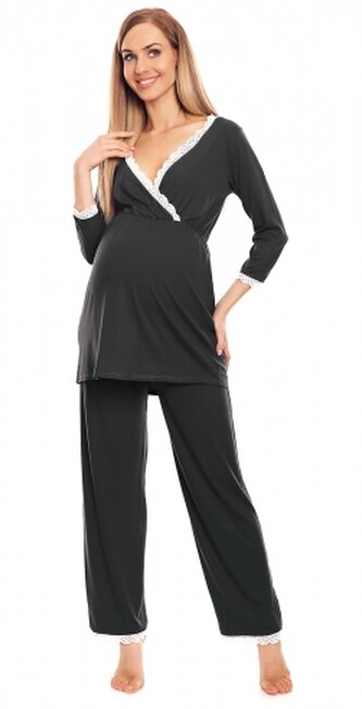 Be MaaMaa Těhotenské, kojící pyžamo s krajkovým lemováním - grafitové; S/M