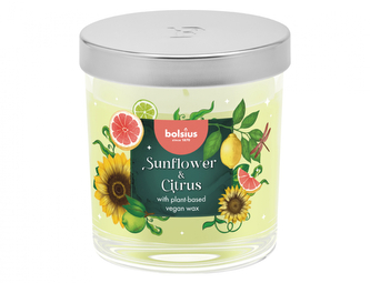 Svíčka ve skle SLUNEČNICE A CITRUS d7x8cm, kovové víčko
