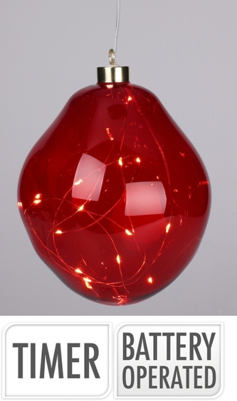 Skleněná baňka s LED, 15 cm červená průhledná