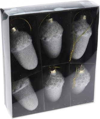 Skleněné baňky -  žaludy bílé 6,5x4 cm, sada 6 ks