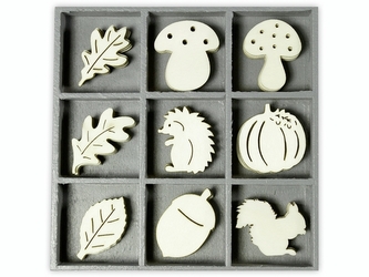 Dřevěné ozdoby v boxu 45ks - podzim - 9 motivů po 5 ks, rozměr motivu: 3x3cm.