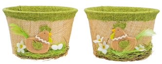 Košík velikonoční s jutou a zeleným dekorem průměr 14 cm