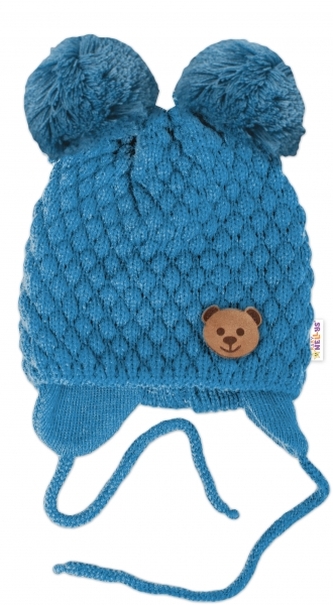 Zimní pletená čepice Teddy Bear na zavazování, modrá, 68/80, (6-12m); 68-80 (6-12m)
