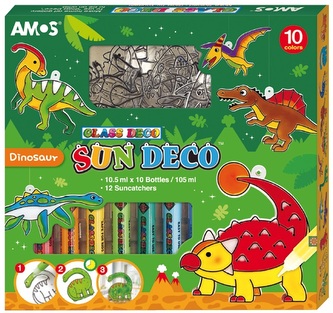 Barvy na sklo sada 10 barev 10,5 ml + 12 sklíček DINOSAURUS Barvy na sklo sada 10 barev 10,5 ml + 12 sklíček DINOSAURUS