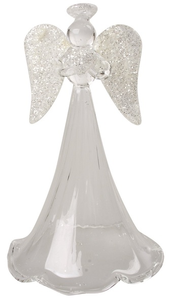 Anděl skleněný na postavení s průhlednou sukní 11 cm