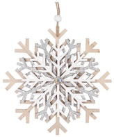 Vločka dřevěná se stříbrnými glitry a kamínkem na zavěšení 15 cm
