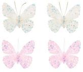 Motýlek s flitry a peřím, s lepíkem 6 cm, 4 ks