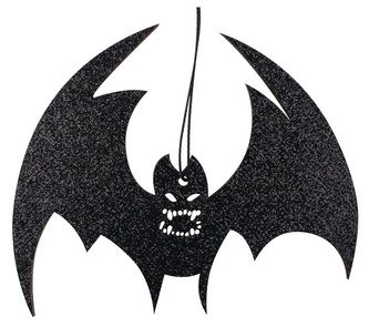 Netopýr Halloween dřevěný s černým glitrem na zavěšení 12 cm