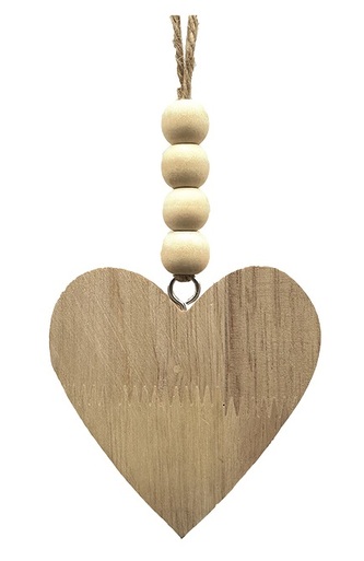Dřevěné srdce s korálky na zavěšení hnědé 8 cm