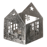 Svícen kovový - tvar domečku, menší vel., barva stříbrná.