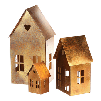 Svícen kovový - domek, barva měděná, cena za sadu 3 ks.