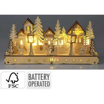 Vánoční dekorace s LED osvětlením 30 cm dřevěná vesnička hnědá KO-AX5350360