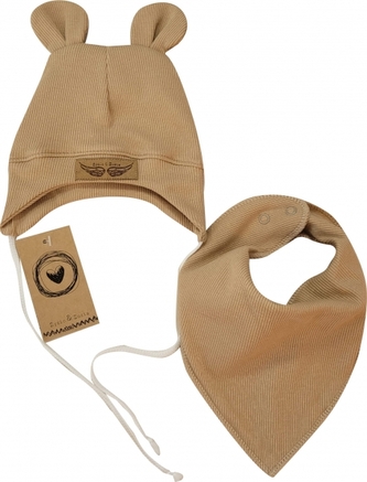 Dvouvrstvá žebrovaná čepička s oušky na zavazování + šátek, béžová; 56/62 (0-3m)