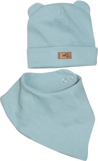 Dvouvrstvá žebrovaná čepička s oušky + šátek,  Lovely One, mořská modrá, vel. 80/86; 80/86 (12-18m)