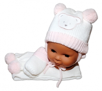 BABY NELLYS  Sada - čepička, šál a rukavičky - Medvídek s bambulkami; 62-74 (3-9m) BABY NELLYS  Sada - čepička, šál a rukavičky - Medvídek s bambulkami; 62-74 (3-9m)
