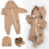 Rostoucí teplákový overal pro miminko, čepice, botky, 3D, Nature - karamelová, vel. 68/74; 68/74 (6-9m)