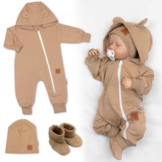 Rostoucí teplákový overal pro miminko, čepice, botky, 3D, Nature - karamelová; 56/62 (0-3m)