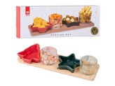 Svícen sklo 5ks set 330x60x125mm adv. na bambus. tácku, barevná