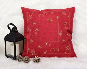 Návlek na polštář, Zlaté vločky a červené hvězdičky, červený, 40 x 40 cm