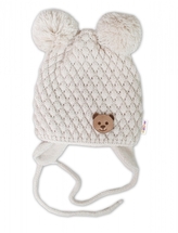 Zimní pletená čepice Teddy Bear na zavazování, ecru, béžová, Baby Nellys; 56-68 (0-6 m)
