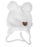 Zimní pletená čepice Teddy Bear na zavazování, bílá/smetanová, Baby Nellys; 56-68 (0-6 m)