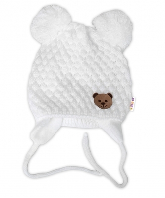 Zimní pletená čepice Teddy Bear na zavazování, bílá/smetanová, Baby Nellys; 56-68 (0-6 m)