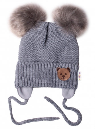 Dětská zimní čepice s fleecem Teddy Bear - chlupáčk. bambulky - tm. šedá, šedá,BABY NELLYS; 56-68 (0-6 m)