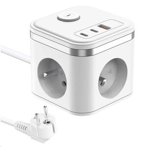 Viking síťový adaptér YC33, 3x 230 V, 1x USB-A, 2x USB-C, tlačítko ON/OFF, délka 1,4 m, bílá