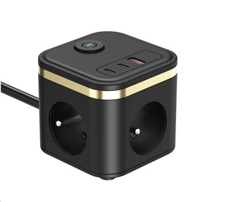 Viking síťový adaptér YC33, 3x 230 V, 1x USB-A, 2x USB-C, tlačítko ON/OFF, délka 1,4 m, černá