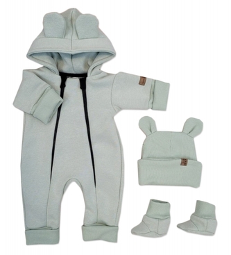 Oteplený dětský overal bez šlapek s kapucí, čepička + botičky, 3D, Kazum, mátový, vel. 68; 68 (3-6m)