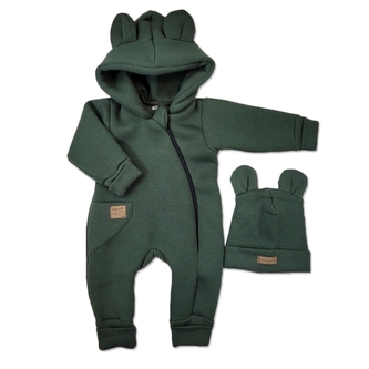 Oteplený dětský overal bez šlapek s kapucí + čepička, 2D, khaki, vel. 80; 80 (9-12m)