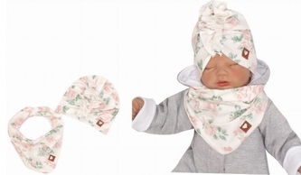 Z&Z Stylová dětská jarní/podzimní bavlněná čepice, turban s šátkem, kytky; 56-68 (0-6 m)
