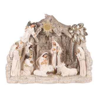 Betlém - dekorace na postavení, LED osvětl., polyresin, barva béžová.