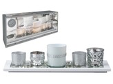 Svícen sklo 6ks set 190x70x90mm na dřev. tácku, bílá stříbrná