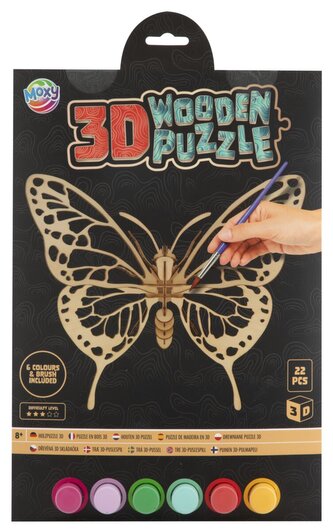 Dřevěné 3D puzzle 22 dílků + 6 ks akrylových barev - motýl