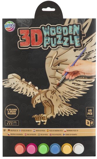 Dřevěné 3D puzzle 49 dílků + 6 ks akrylových barev - orel