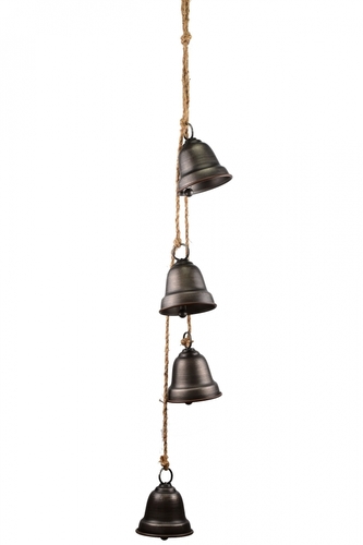 Čtyři šedé kovové zvonky na jutovém provaze 9x7,7x75 cm
