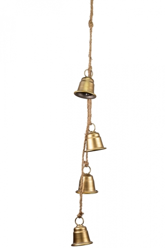 Čtyři staro-zlaté kovové zvonky na jutovém provaze 7x5,8x75 cm