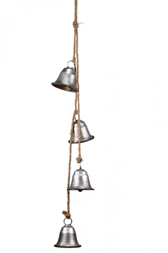 Čtyři zlaté kovové zvonky na jutovém provaze 8x7,3x75 cm