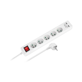 Prodlužovací kabel REBEL URZ3203-1,5  5 zásuvek, 1,5m, vypínač, 3x1mm, 2xUSB, bílá Prodlužovací kabel REBEL URZ3203-1,5  5 zásuvek, 1,5m, vypínač, 3x1mm, 2xUSB, bílá