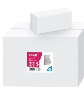 Papírové ručníky, bílá, 2-vrstvé, skládané V, 150 útržků, 21 x 25 cm, SOVIO PP20869/PP21096