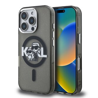 Karl Lagerfeld IML Glitter Karl and Choupette Sketch MagSafe Zadní Kryt pro iPhone 16 Pro Black