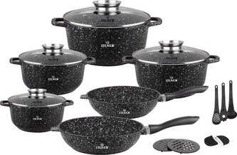 Sada mramorového nádobí s pánvemi a doplňky – 17 ks, černá