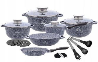 Sada keramicko-mramorového nádobí 17 ks – šedá barva, skleněné poklice, doplňky