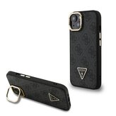 Guess PU 4G Strass Triangle Logo Stand Camera Frame MagSafe Zadní Kryt pro iPhone 13 Black
